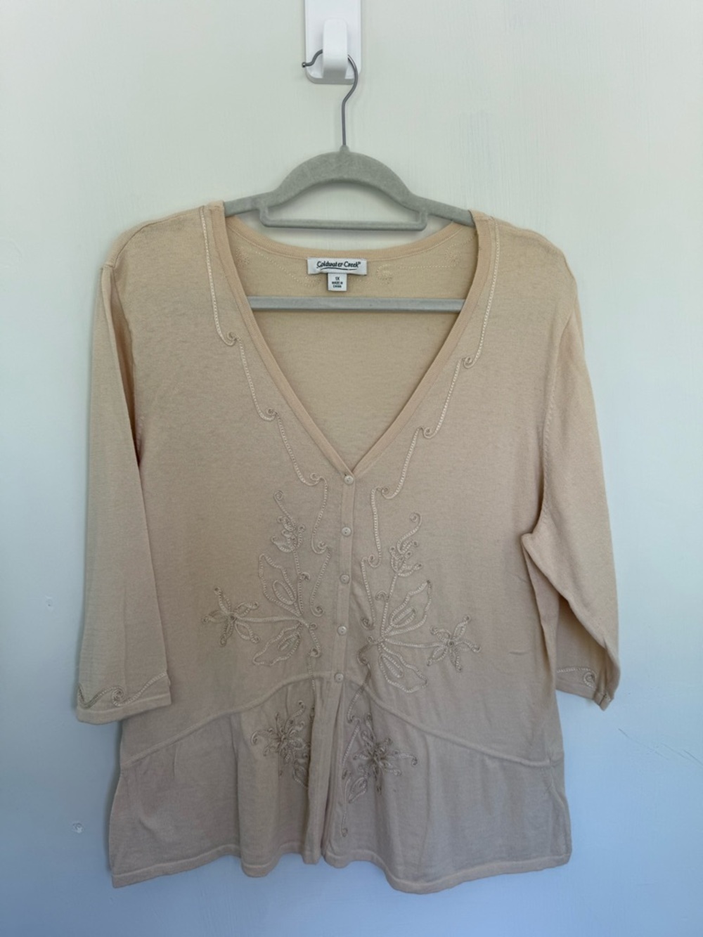 Coldwater Creek Cream Button-Front Embroidered Cardigan